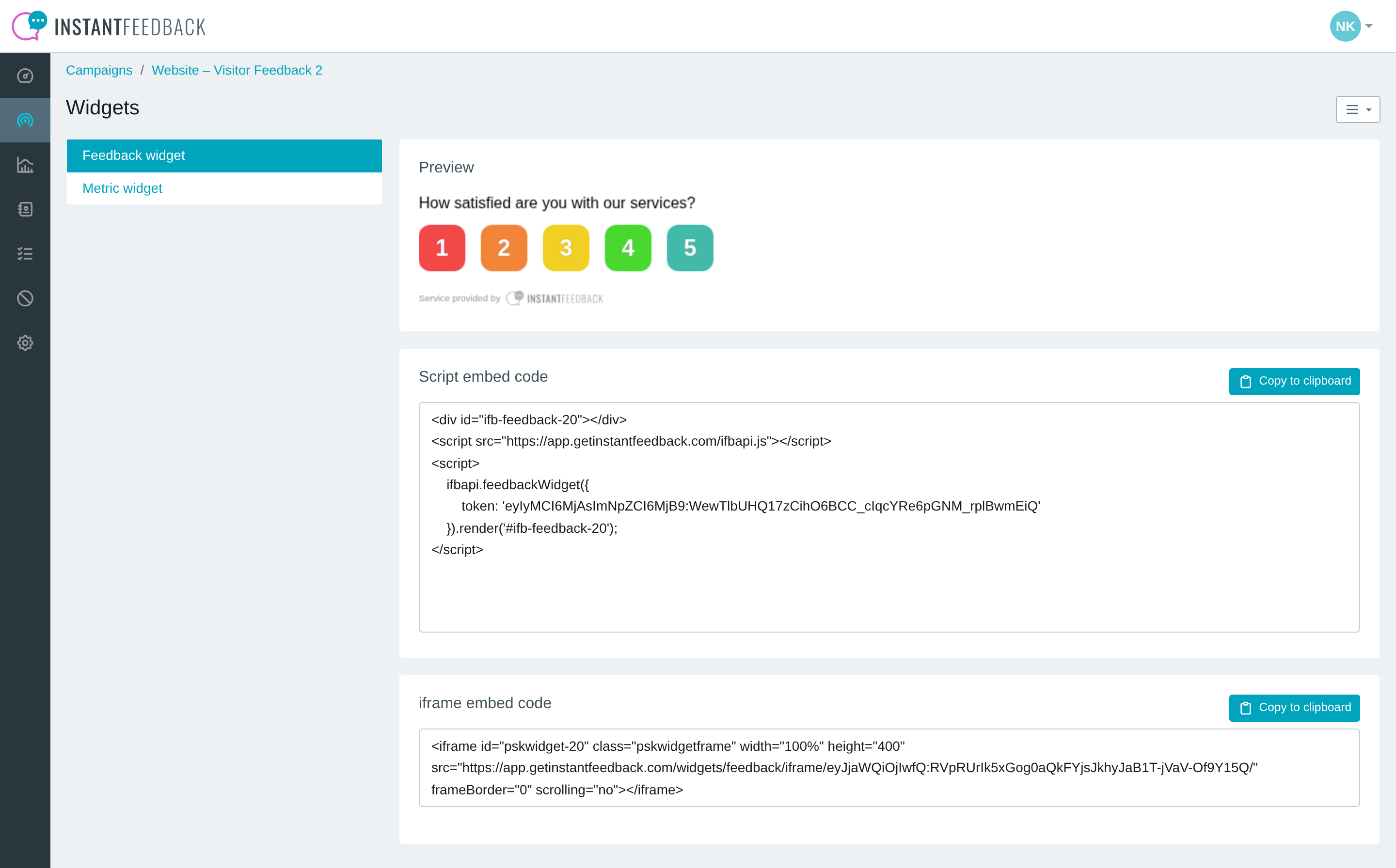 The Widgets page with the Feedback widget tab, preview and embed codes