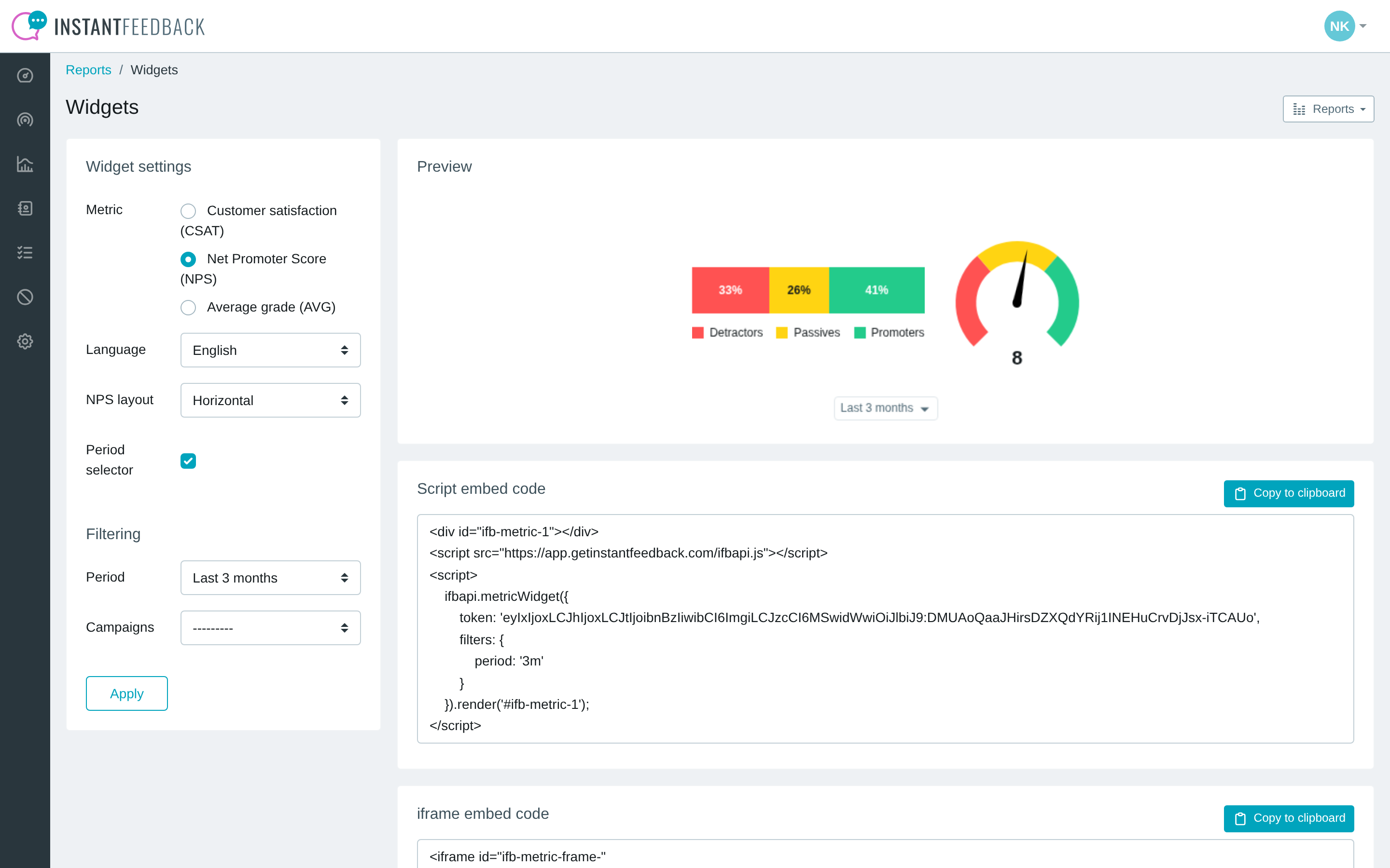 The Widgets page with an NPS widget, horizontal layout and period selector