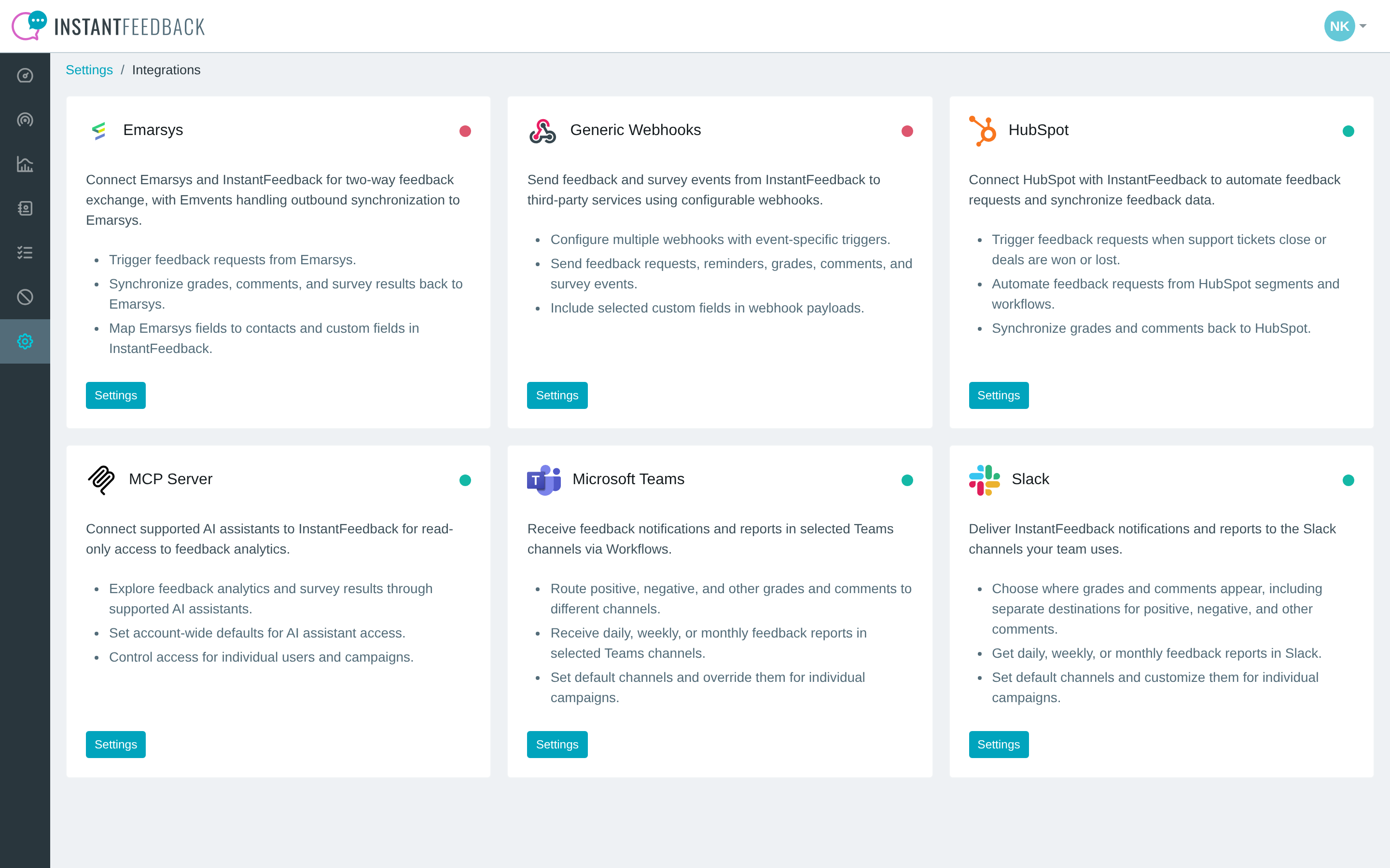 The Integrations page with the HubSpot tile