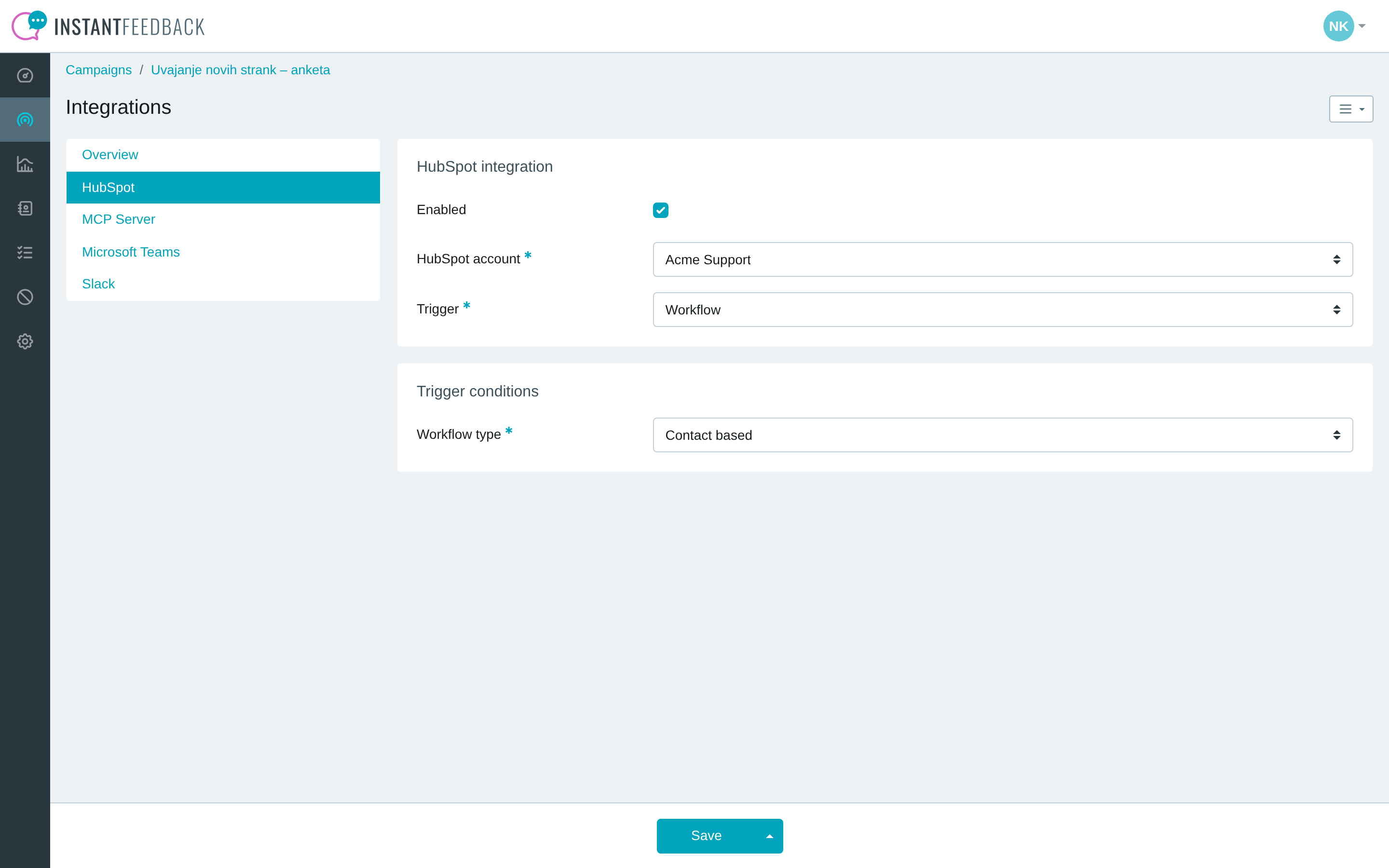 The HubSpot tab with the Workflow trigger