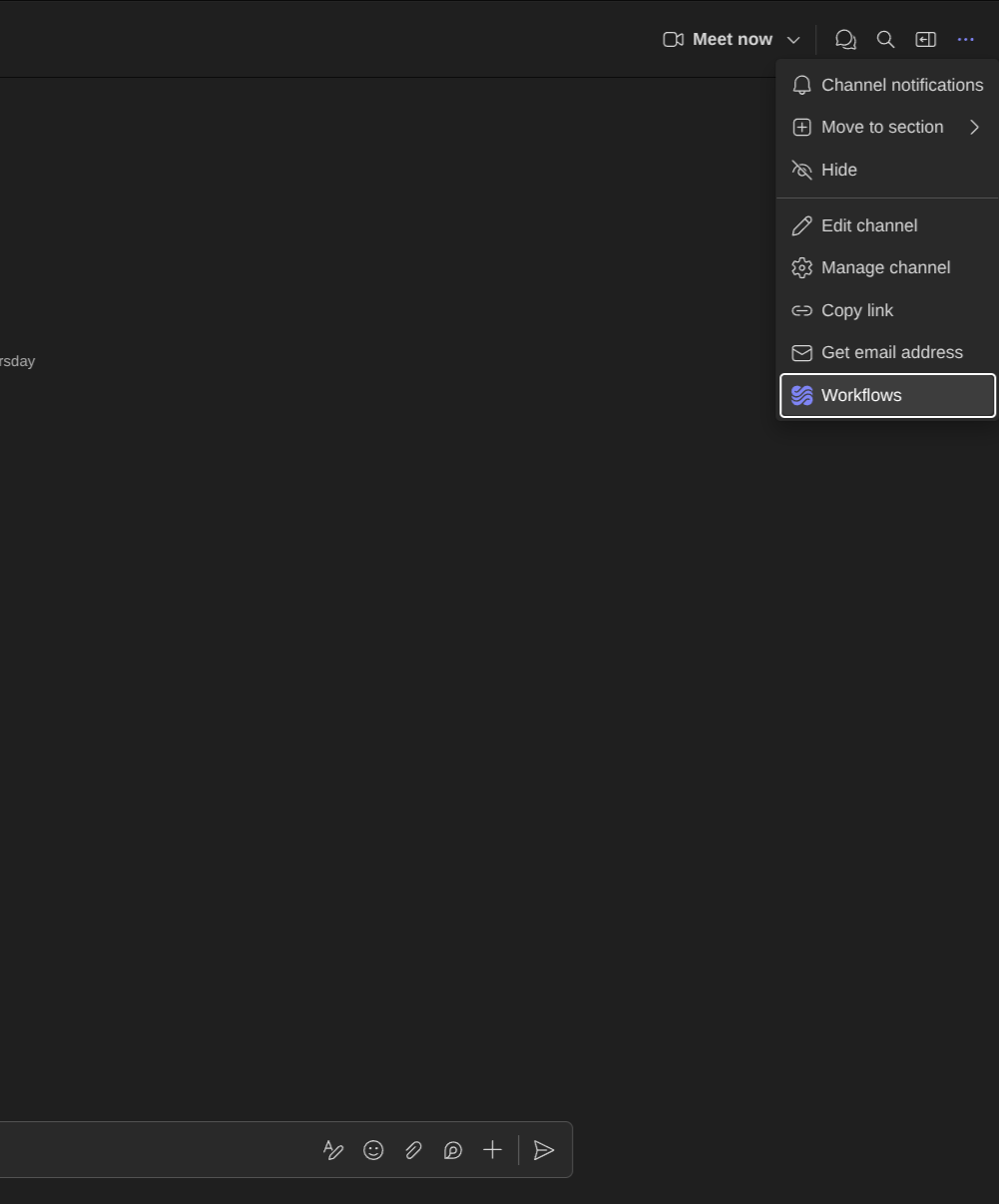 The channel menu in Teams with the Workflows entry