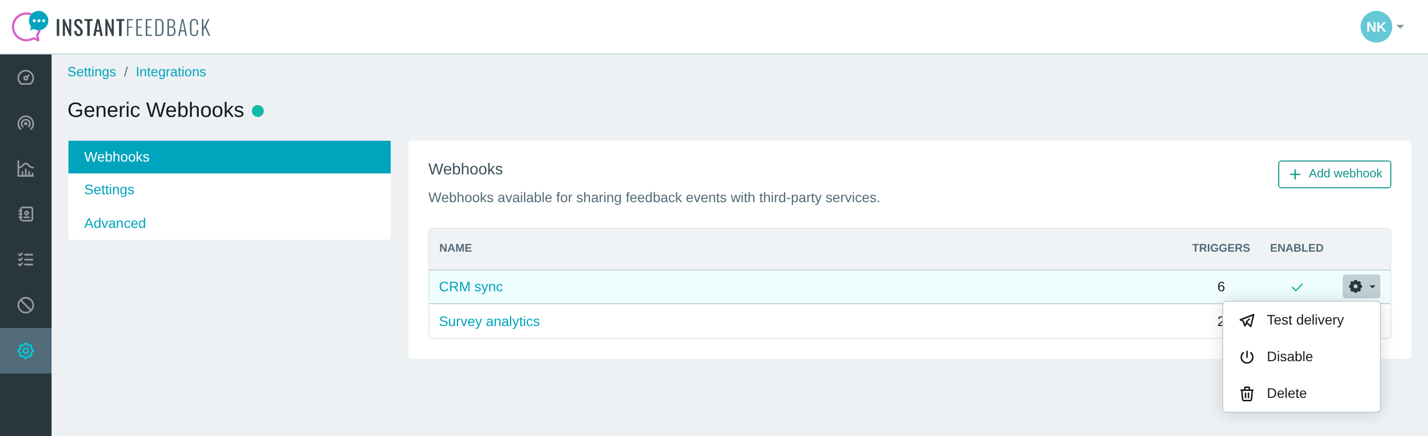 The webhook menu with Test delivery, Disable and Delete