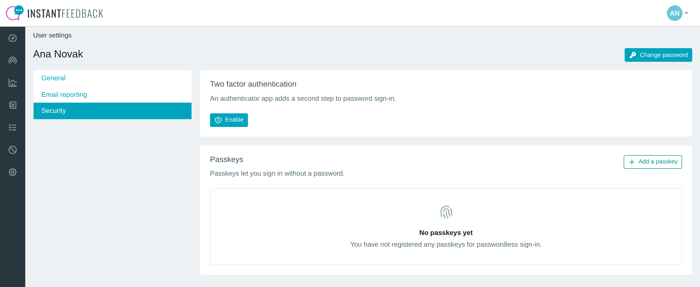 The Security tab in user settings before two-factor authentication is enabled