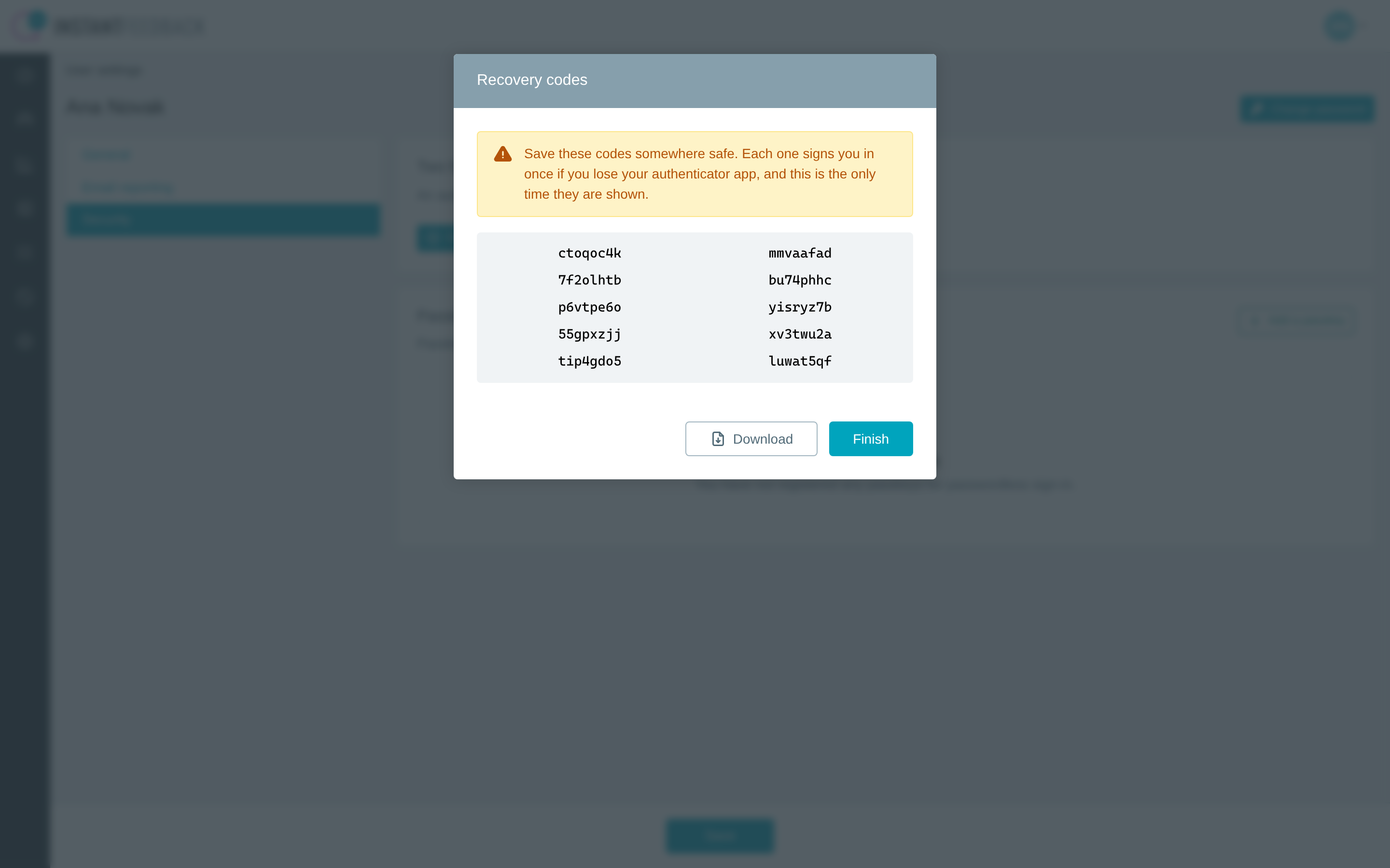 The Recovery codes dialog listing ten codes
