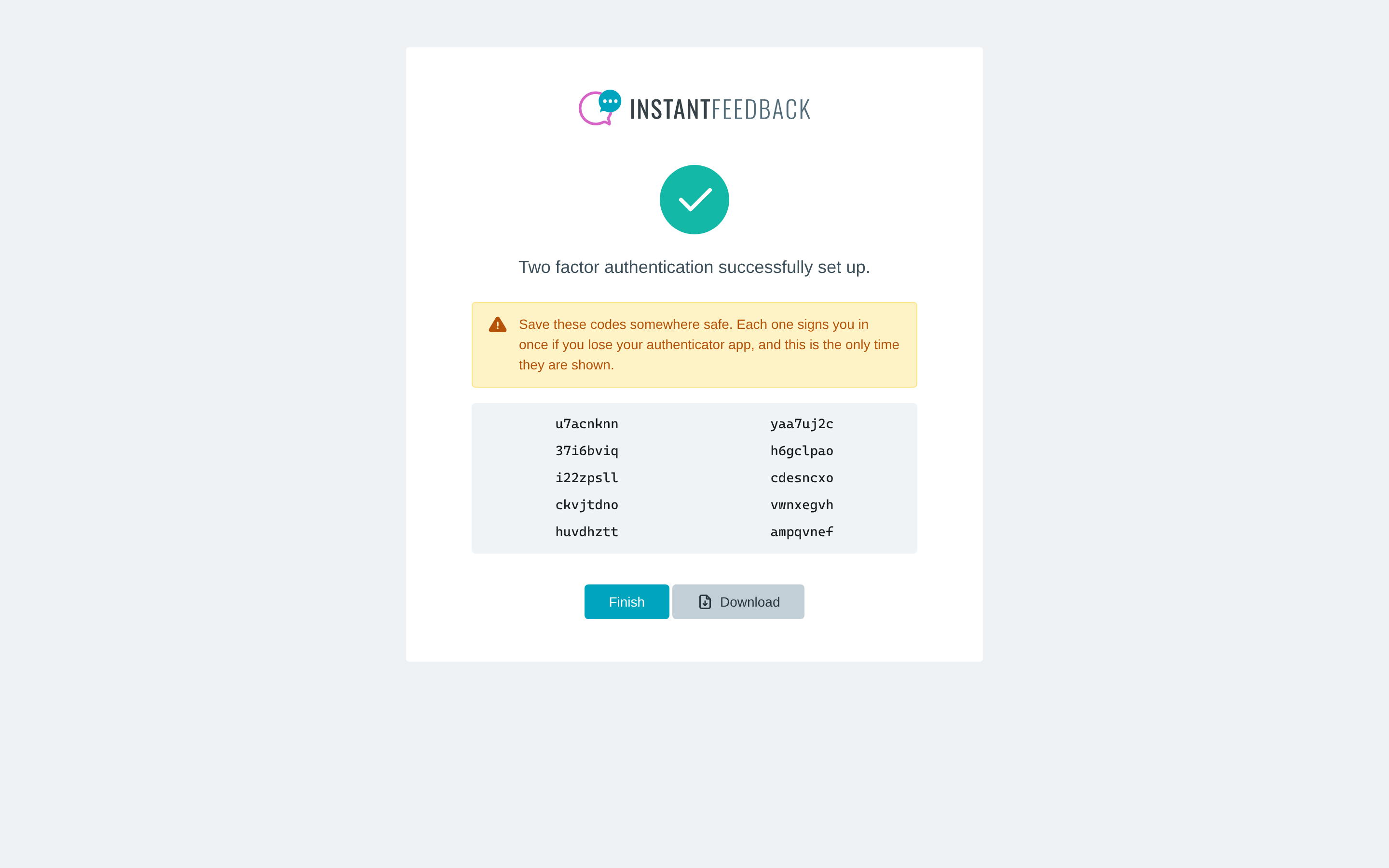 The confirmation page with recovery codes after setup at sign-in